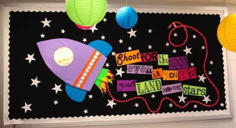 14. Students will swoon for this “out of this world” space-themed class. So cool! | Community Post: 21 Fresh Classroom Themes Your Students Will Love Space Bulletin Boards, Motivational Bulletin Boards, Space Theme Classroom, Motivation Letter, Cute Bulletin Boards, Space Classroom, Teacher Bulletin Boards, Shoot For The Moon, Lunch Room