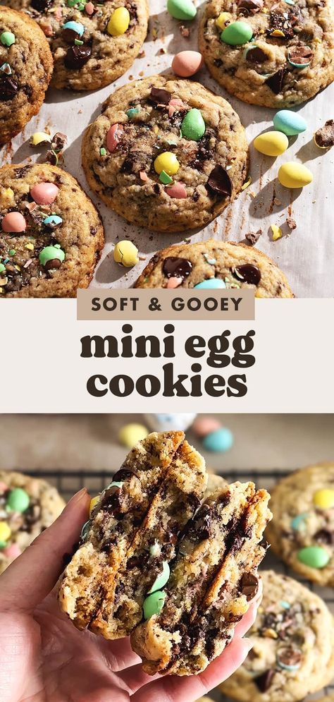 Mini egg cookies made with a soft and gooey chocolate chip cookie base full of cute pastel chocolate mini eggs. They're the perfect classic Easter cookies! #easter #minieggs #cookies | teakandthyme.com Mini Egg Cookies, Choux Puff, Pastel Chocolate, Mini Eggs Cookies, Pastel Desserts, Egg Cookies, Pastel Mini, Gooey Chocolate Chip Cookies, Spring Baking