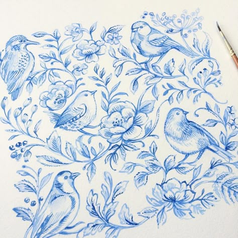 Clare Therese, White Crockery, Blue Drawings, Delft, Bird Art, Watercolor Illustration, Painting Inspiration, Friday Night, Pattern Art