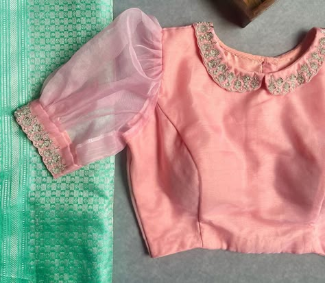 Organza Blouse Work Designs, Blouse For Pink Organza Saree, Organza Blouse Designs Latest Back, Blouse Designs For Net Blouse, Buff Hands Blouse Designs, Coller Neck Blouse Patterns Back, Cut Work Blouse Designs Pattern, Simple Net Blouse Designs, Collar Neck Designs For Blouse