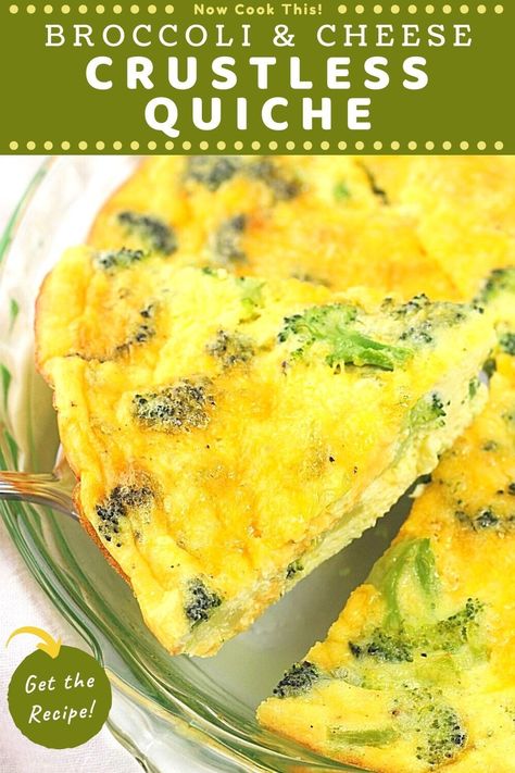 This easy Broccoli and Cheese Crustless Quiche can be enjoyed for breakfast, brunch, lunch or as a meatless dinner, and it's so delicious that you'll never even miss the crust. Plus, no crust means fewer calories and carbs! Get the recipe and give it a try!