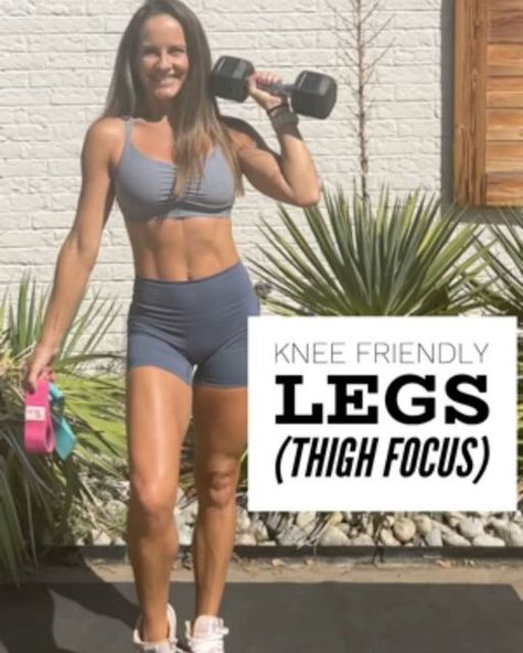 Dana | Fitness Coach on Instagram: ">>FOCUS IN…KNEE FRIENDLY LEGS-with a THIGH emphasis 😍 Take your pick today with either ONE medium weight dumbbell OR a few different strength bands! 

This workout was perfect for those inner and outer thighs as well as some sneaky quad/hamstring/glute activation! I think you’ll love it bc it’s LOW IMPACT and perfect for your HOME, gym or travel workout 🤗 And…it’s only 20 minutes 👏🏼

*I’m using a medium weight DB and a medium/heavy band. Comment “BAND” below 👇🏼 for my go-to band brand!

20 MIN KNEE FRIENDLY LEGS (Thigh Focus)
*Work for 40 seconds each move (as many reps as you can) and rest for 20 seconds.
1️⃣Sumo Squat + Alternating Heel Raise
2️⃣Lying Hip Abductor Lift (each side)
3️⃣Lying Hip Adductor Lift (each side)
4️⃣SL RDL (each leg)
5️⃣Cla Focus Work, Glute Activation, Travel Workout, Fitness Coach, Emphasis, Medium Weight, Quad, Gym