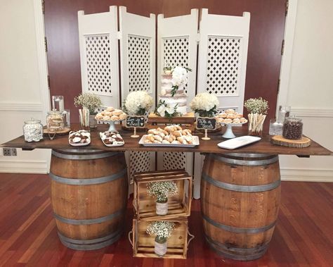 Whiskey Barrel Wedding Cake Table, Wine Barrel Dessert Table, Whiskey Barrel Dessert Table, Barrel Table Wedding, Whiskey Barrel Table Top, Wine Wedding Cake, Rustic Table Top, Boho Wedding Food, Wedding Dessert Table Decor