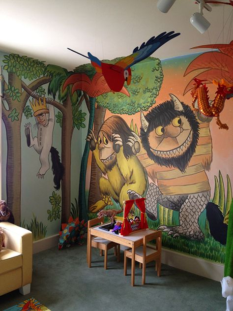 Where The Wild Things Are Mural, Wild Things Nursery, Book Mural, Stairs Playroom, Under Stairs Playroom, Childrens Wallpaper, Elegant Bedrooms, Wild Rumpus, School Designs