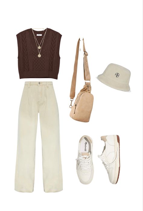 Cream Vest Outfit, Cream Trousers Outfit, Brown Vest Outfit, Cream Jeans Outfit, Cream Bucket Hat, Cream Pants Outfit, Beige Pants Outfit, Colored Pants Outfits, Corduroy Pants Outfit