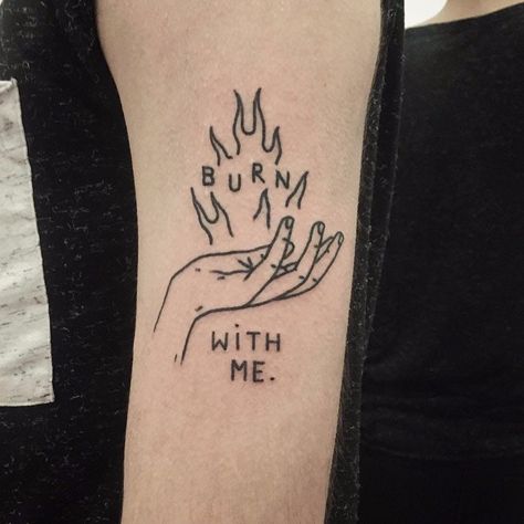 Burn with me by The Magic Rosa #themagicrosa #blackwork #minimalist #linework #text #quote #fire #hand #love #tattoooftheday Tattoo Dotwork, Fire Tattoo, Aesthetic Tattoo, Dream Tattoos, Skin Art, Blackwork Tattoo, Piercing Tattoo, Get A Tattoo, Mini Tattoos