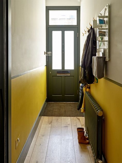 yellow entryway Terrace Hallway, Modern Hallways, Yellow Hallway, London Terrace House, Hallway Design Ideas, Ikea Lack Shelves, Modern Hallway Ideas, Victorian Terrace House, Sofa And Chair Company