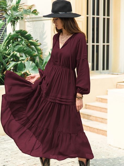 Free Returns ✓ Free Shipping On Orders $49+ ✓. Rusttydustty Lantern Sleeve Flippy Hem Dress- Women Dresses at SHEIN. Long Dress Fashion Casual, Boho Professional Style, Plain Chiffon Dress, Brooke Aesthetic, Long Sleeve Fall Dress, Ruffle Long Dress, Mesh Party Dress, Long Sleeve Chiffon Dress, Chiffon Party Dress