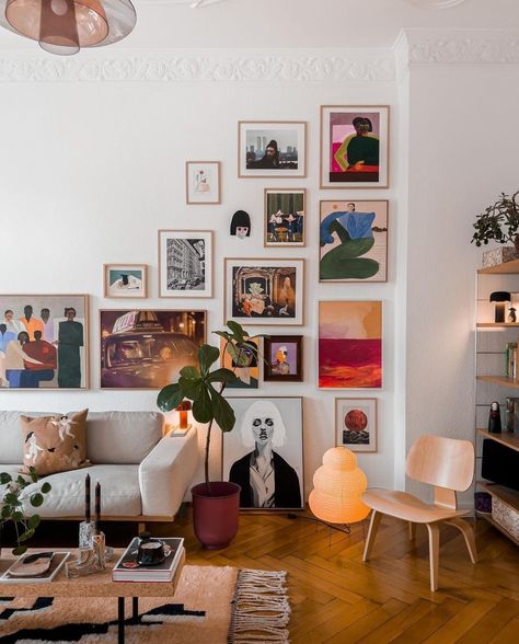 Two Wall Gallery Wall, Sophisticated Gallery Wall, Eclectic Minimalism Interior, Clean Eclectic Living Room, Alexandra Gater Living Room, Art Wall Ideas Living Room, Gallery Wall No Frames, Mixed Gallery Wall Living Room, Maximalist Gallery Wall Ideas