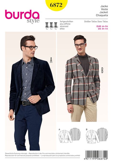 Burda 6872 Men's Jackets sewing pattern Mens Sport Jacket, Sewing Men, Mens Sewing Patterns, Mens Inspiration, Burda Sewing Patterns, Sewing Pants, Jacket Pattern Sewing, Vogue Sewing Patterns, Burda Style