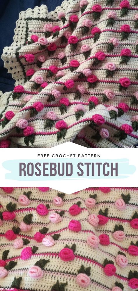 Rosebud Stitch Free Crochet Pattern Colorful horizontal stripes and sweet roses, this is a match made in heaven! If you love structural blankets as we do, this stitch is certainly going to make your heart beat faster. Try it right away and keep it in your pattern library. #crochetrose #crochetblanket #crochetflower #rosestitch #freecrochetpattern Crochet Rose Flower Blanket, Crochet Rose Afghan Pattern Free, Rose Stitch Crochet, Rose Afghan Crochet Pattern, Crochet Rose Blanket Pattern Free, Rose Crochet Stitch, Rose Blanket Crochet Pattern, Flower Afghan Crochet Patterns, Crochet Rose Blanket