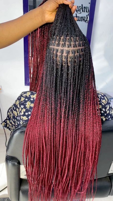 Black And Red Ombré Braids, Red And Orange Box Braids, Black And Red Box Braids Mixed, Red Ombre Braids, Black To Red Ombre Braids, Bright Red Box Braids, Braids Color Ideas, Ombre Red Box Braids, Hear Styles