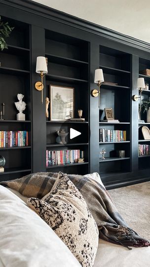 Home Library Ikea Hack, Black Ikea Billy Bookcase Hack, Wall Of Bookcases, Black Home Library, Billy Ikea Ideas, Black Library Room, Diy Bookcase Wall, Ikea Library Hack, Diy Corner Bookshelf