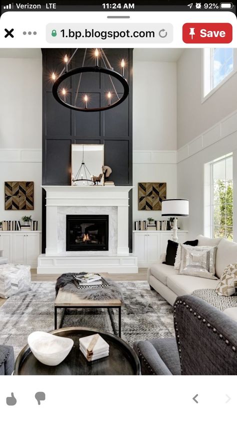 High Wall Fireplace Ideas, Black Stone Fireplace Ideas, Tall Ceiling Fireplace, Tall Fireplace Wall High Ceilings, Tall Wall Decor High Ceilings, Black Fireplace Wall, Trim Inspiration, Tall Wall Decor, Fireplace Accent Walls