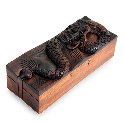 Wood puzzle box, 'Naga Guard'. Shop from #UNICEFMarket and help save the lives of children around the world. Box With Secret Compartment, Dragon Puzzle, Wood Puzzle Box, Japanese Puzzle Box, Wood Dragon, Dragon Box, Small Item Storage, Jewelry Trinket, Secret Compartment