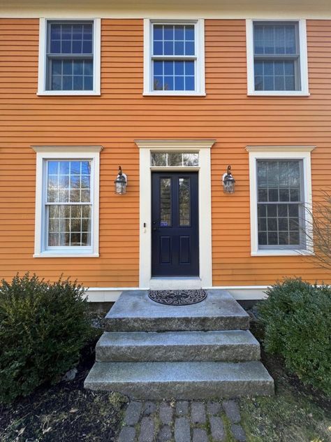 Exterior Front Door Color 2024 - Amykranecolor.com Orange House Exterior, Exterior Front Door Colors, Orange Front Doors, Best Front Door Colors, Front Door Color, Color House, Best Front Doors, Apricot Color, Green Ground