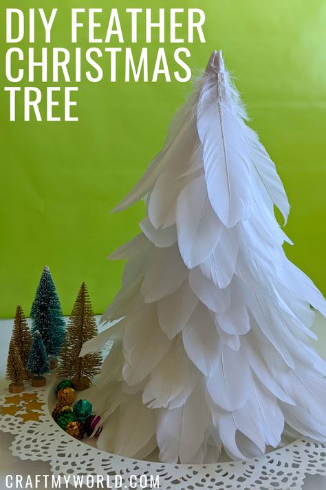 DIY Feather Christmas Tree cone - Craft My World Feathered Christmas Tree, Feather Trees Christmas, Diy Feather Christmas Tree, Diy Feather Christmas Ornaments, Diy Feather Tree, Feather Tree Diy, Diy Feather Tree How To Make, Crafts With Feathers, Feather Duster Christmas Tree