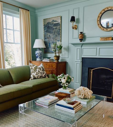 Preppy Colorful Living Room, Fresh Traditional Living Room, Preppy Family Room, Green Formal Living Room, Bench In Living Room Decorating Ideas, Secondary Living Room Ideas, Teal Couch Living Room Decor, Walk Through Living Room Layout, Grand Millennial Style Living Room