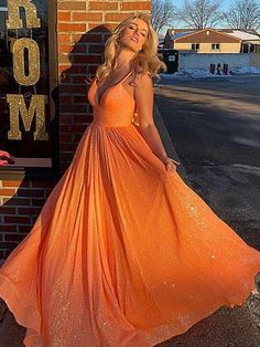 Grad Dresses Orange, Orange Sparkly Prom Dress, Orange Formal Dress Long, Orange Grad Dress, Bright Orange Prom Dress, Neon Orange Prom Dress, Orange Dress Aesthetic, Bright Red Prom Dress, Prom Dresses Poofy