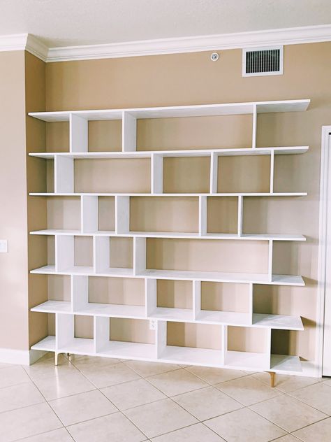 Open Ended Bookshelves, Open Back Bookshelves, Whole Wall Shelving, Open Concept Great Room, Laundry Shelves, Solid Wood Shelves, Open Wall, Wall Bookshelves, Shelf Styling