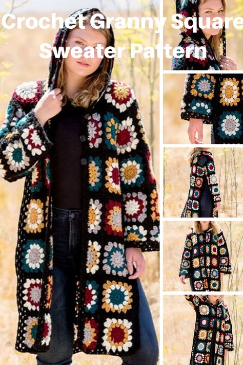 Here's an Easy to Crochet Granny Square Coat Sweater Pattern to Make crochet patterns #crochet Crochet Granny Square Coat, Granny Square Coat, Granny Sweater, Square Sweater, Crochet Jacket Pattern, Granny Square Sweater, Crochet Cardigan Pattern Free, Granny Square Crochet Patterns Free, Gilet Crochet