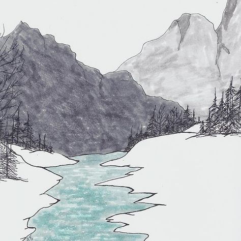 Simple ink and marker drawing of Stream, trees, mountains Drawing Ideas Nature, Mountain Drawing Simple, Simple Nature Drawing, Marker Drawing Ideas, Tree Drawing Simple, Simpson Art, Mountain Sketch, Markers Drawing Ideas, Markers Drawing