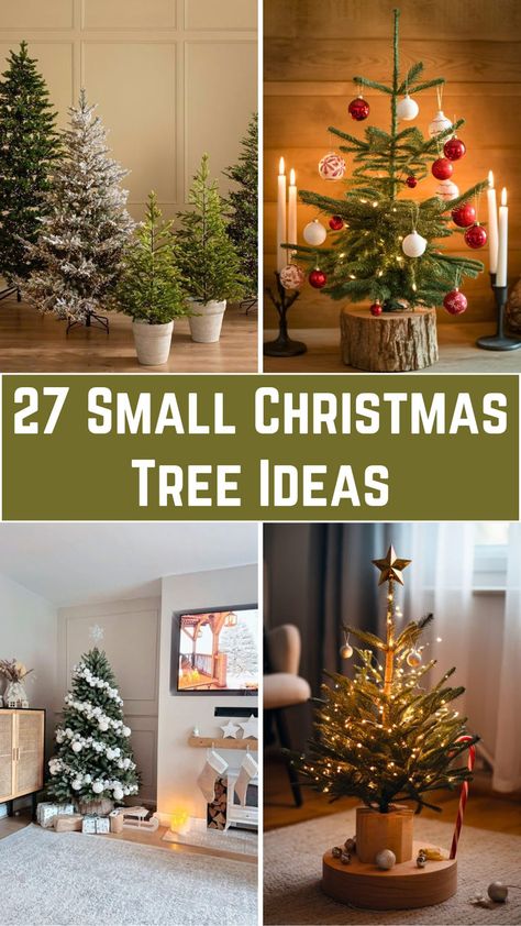 A cozy living room featuring a small Christmas tree on a side table, decorated with gold ornaments, fairy lights, and a red ribbon. Small Christmas Tree Ideas, Small Space Christmas Tree, Christmas Trees Ideas, Trendy Christmas Decor, Christmas Decorations Apartment, Small Christmas Tree, Christmas Apartment, Minimal Christmas, Tabletop Christmas Tree