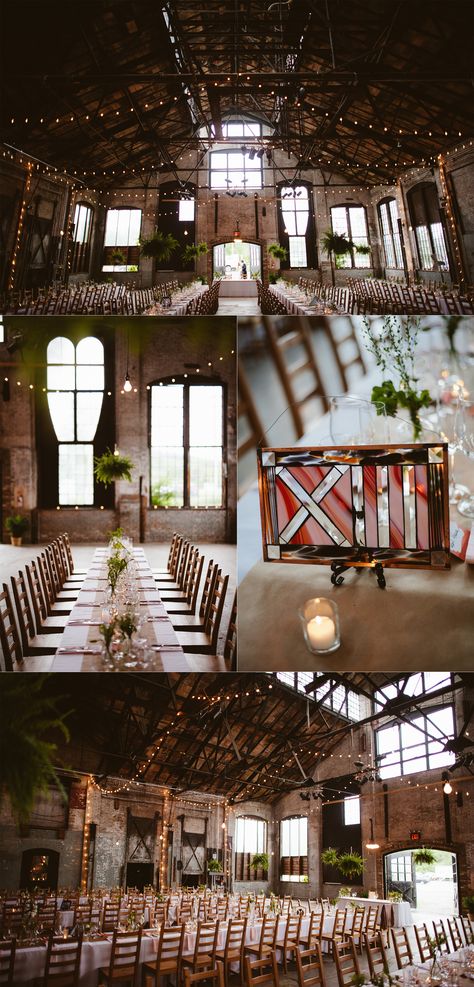 The industrial feel of the the building itself has remained through renovations, sporting exposed brick walls, an incredible old steel truss system and a massive terracotta ceiling. Industrial Wedding Ceremony, Industrial Wedding Decor, Industrial Chic Wedding, Industrial Wedding Venues, Warehouse Wedding, Exposed Brick Walls, Urban Wedding, Brick Walls, Winter Ideas