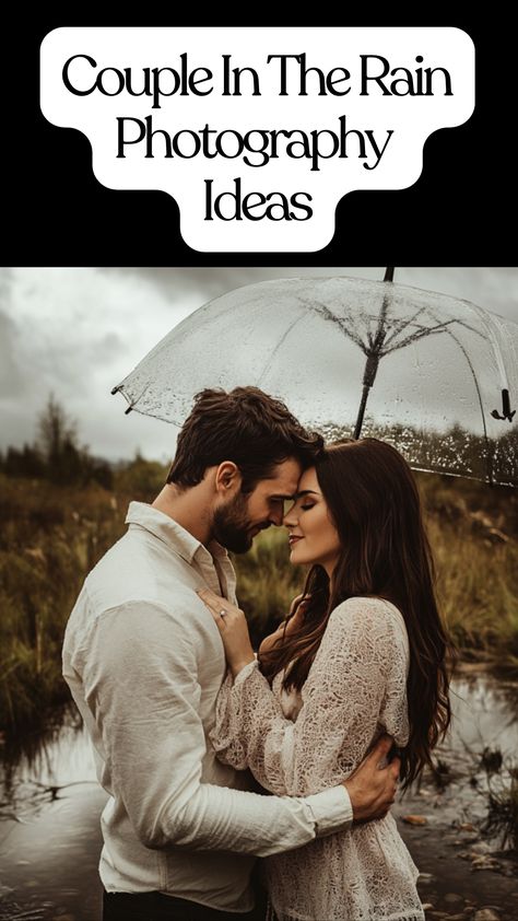 Couple embracing under an umbrella during a rainy photoshoot, capturing romantic and playful moments with puddle splashes and moody skies. Rain Engagement Photos, Rainy Day Engagement Pictures, Rainy Wedding Day Photos, Rain Engagement Pictures, Rain Couple Photography, Couples Rain Photoshoot, Couples In The Rain, Rainy Day Photoshoot, Couple In The Rain