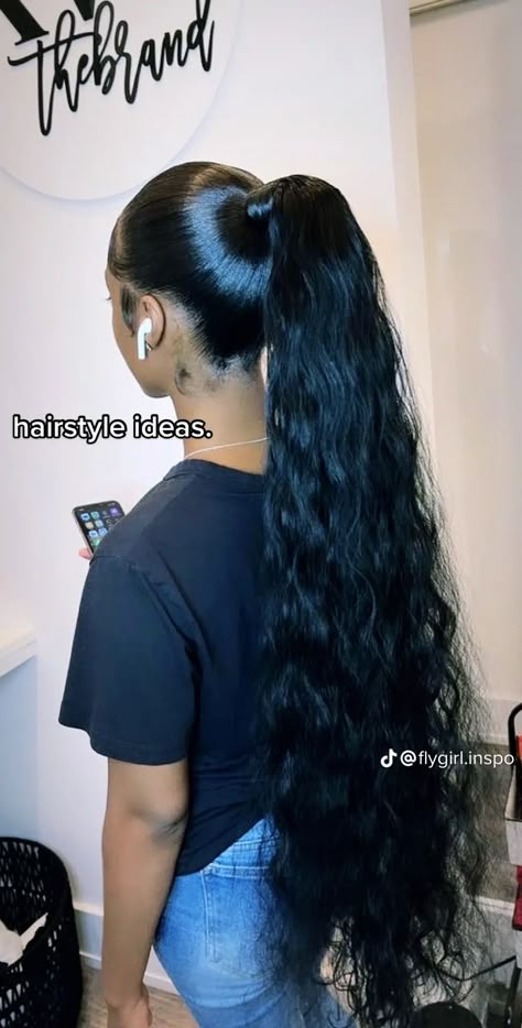 Long Wavy Ponytail Black Women, Loose Deep Wave Ponytail, Track Ponytail, Fake Ponytail Hairstyles, Curly Ponytail Weave, Slick Back Ponytail, Back Ponytail, Weave Ponytail Hairstyles, Sleek Ponytail Hairstyles