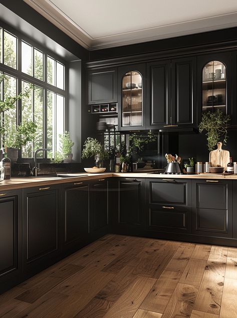 Black Backsplash Black Cabinets, Moody Farmhouse Living Room, Dark Wooden Kitchen, Matte Black Appliances, Dark Kitchen Design, Dark Academia Kitchen, Dark Academia Interior, Dark Interior Design, Dark Wooden Floor