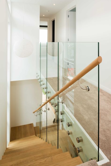 Glass Fence Stairs, Glass Balustrade Indoor, Stair Railing Design Glass And Wood, Wooden And Glass Staircase Railing, Glass Railing With Wooden Handrail, Wooden Stairs Glass Railing, Glass And Timber Balustrade, U Glass, Glass Handrail