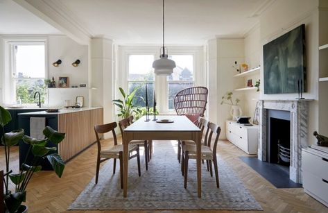 Scandi victorian maisonette living space Balance Interior Design, Open Plan Kitchen And Dining, Scandinavian Dining Room, Kitchen Tour, Interior Design Gallery, Open Plan Kitchen, Family House, Best Interior, Open Plan