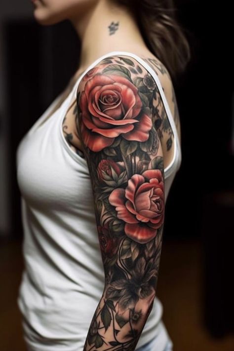 Womens Tattoo Cover Ups, Womens Rose Sleeve Tattoo, Black Roses Sleeve Tattoo, Upper Arm Tattoo Cover Up Ideas, Upper Half Arm Sleeve Tattoo For Women, Rose And Thorns Tattoo Sleeve, Womens Upper Arm Tattoo Sleeve, Tattoo Sleeve Filler Backgrounds Women, Sleeve Cover Up Tattoos For Women