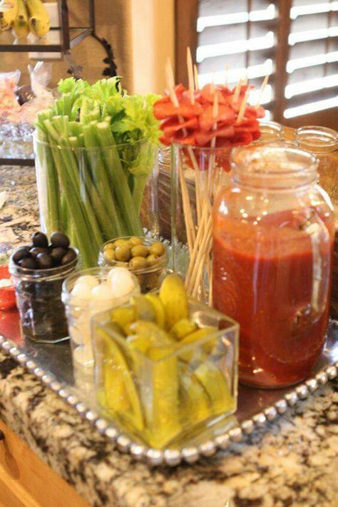 Bloody Mary Bar ~ Perfect for a morning brunch Birthday Brunch, Christmas Brunch, Brunch Wedding, Bridal Brunch, Shower Food, Brunch Party, 5 O Clock Somewhere, Baby Shower Food, Easter Brunch