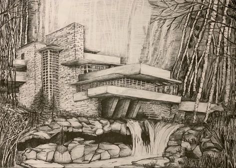 Waterfall House Drawing, Falling Water House Drawing, Fallingwater House, Falling Water Frank Lloyd Wright, Falling Water House, Waterfall House, Rose House, Architecture Drawing Plan, Falling Water