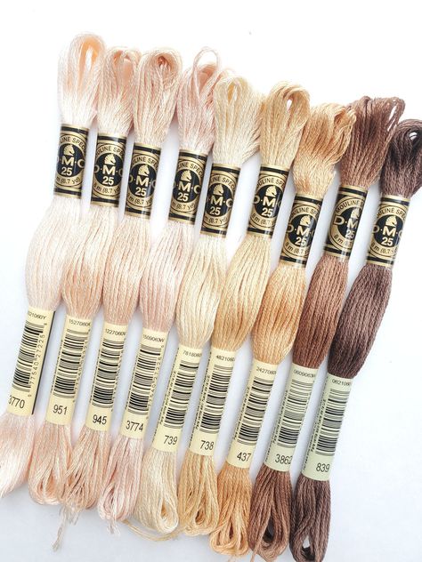 ❤ PRODUCT DETAILS ❤ DMC Set of Flosses- 8 Skeins DMC Art. 117 9 cotton skeins to inspired by the most used colors for skin.  Each skein measures (8m/8.7yds each) Made in France  IF WE ARE MISSING 1 SKEIN FROM THE ABOVE LIST WE WILL SEND THE CLOSEST COLOR. IF MORE THAN 1 IS MISSING YOU WILL BE CONTACTED Colors included:  437 Light Tan 738 Very Light Tan 739 Ultra Very Light Tan 839 Dark Beige Brown 945 Tawny 951 Light Tawny 3770 Very Light Tawny 3774 Very Light Desert Sand 3862 Dark Mocha Beige Girl Craft, Yarn Color Combinations, Cross Stitch Floss, Dmc Embroidery, Cross Stitch Thread, Skin Colors, Dmc Embroidery Floss, Embroidery Patterns Free, Dmc Floss