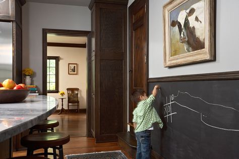 50 Ways to Decorate Your Home With Kids In Mind Chalkboard Wall Kitchen, Pink Kitchen Walls, Yellow Dining Chairs, Chalkboard Wall Bedroom, Eclectic Kitchen Design, Black Wainscoting, Accent Wall Colors, Eclectic Kitchen, Chalkboard Wall