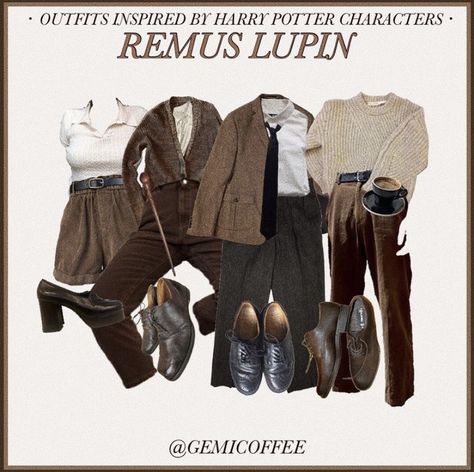 Harry Potter Academia Outfit, Dark Academia Harry Potter Outfits, Outfits Inspired By Remus Lupin, Remus Lupin Fashion Aesthetic, Hogwarts Academia Outfit, Moony Remus Lupin Aesthetic Outfits, Remus Lupin Style Clothes, Female Remus Lupin Outfit, Harry Potter Lookbook