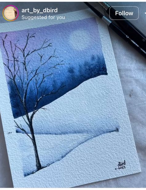 Winter Watercolor Simple, Salt Watercolor, Night Watercolor, Watercolor Christmas Cards Diy, Christmas Moon, Moon Watercolor, Abstract Tree Painting, Watercolor Winter, Great Works Of Art