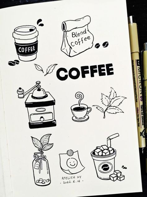 Coffee Doodle, Drawing Lessons For Kids, Cute Easy Doodles, Coffee Drawing, Art Journal Therapy, Sketch Notes, Bullet Journal Design Ideas, Art Tools Drawing, Easy Doodle Art