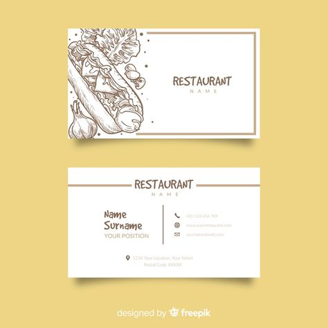 Hand drawn restaurant business card template | Premium Vector #Freepik #vector #business-card #food #business #card Restaurant Card Design, Etsy Business Cards, Restaurant Card, Packaging Die Cut, Food Business Card, Restaurant Business Cards, Business Cards Layout, Graphic Design Business Card, Graphic Design Cards