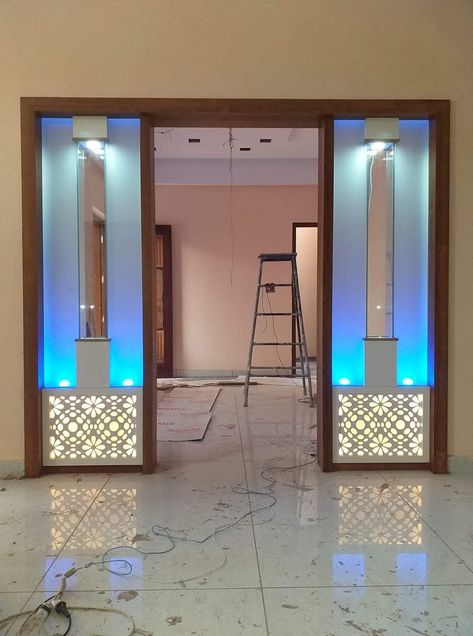 Mdf Partion Design, Living Room Partition Design Glasses, Glass And Wood Partition, Wood And Glass Partition, Wood Partition Design, Glass Partition Designs, Room Partition Wall, Wall Partition Design, Hall Interior Design