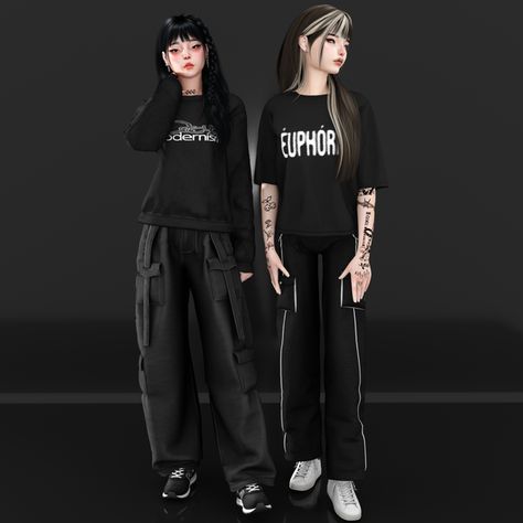 ~ sweater and t-shirt ~ | Patreon Women Kpop, Tomboy Shirts, Alpha Cc, Custom Cast, Baggy Shirt, Sims 4 Anime, Oversized Clothes, Tumblr Sims 4, Sims4 Clothes