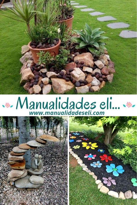 Inspírate con estas 13 hermosas ideas para decorar tu jardín o patio trasero utilizando solo piedras. ¡Muy económico y hermoso a la vez! Shrubs For Landscaping, Ideas Jardin, Diy Swimming Pool, Colorful Garden, Front Yard Landscaping, House Front, Flower Beds, Diy Outdoor, Curb Appeal