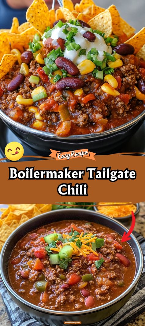 Get ready for game day with Boilermaker Tailgate Chili. This robust chili is packed with ground beef, sausage, beans, and a spicy kick, making it perfect for tailgating or any gathering. Hearty, spicy, and satisfying! #TailgateFood #ChiliRecipe #GameDayEats Tailgate Chili Boilermaker, Salsa Chili Recipe, Smoked Sausage Chili, Chili Recipe Unique, Chili With Beans And Ground Beef, Boilermaker Chili Recipe, Chili With Vegetables, Tailgate Chili Recipe, Hot Chili Recipe