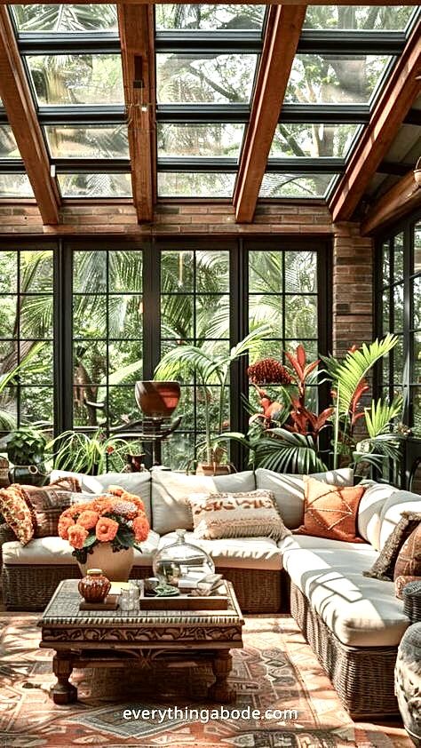 Atrium Living Room Design, Homes With Atriums, Atriums In Houses, Atrium House Indoor, Winter Sunroom, Sunroom Art Studio, Home Atrium, Solarium Room, Sunroom Greenhouse