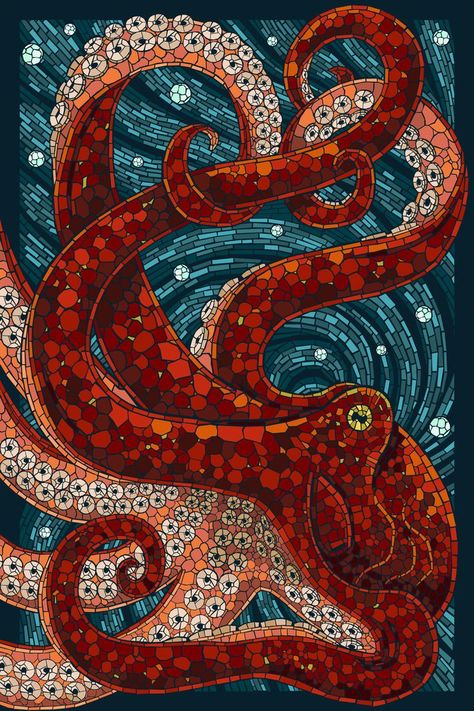 I want this mosaic in my bathroom!! Octopus Mosaic, L'art Du Vitrail, Paper Mosaic, Mosaic Stained, Octopus Art, Mosaic Ideas, Animal Illustrations, Retro Travel Poster, Wow Art