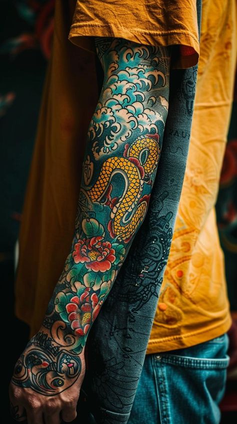 Colorful sleeve tattoo design with dragon and floral motifs, showcasing skilled artistry and vibrant colors. Traditional Japanese Tattoo Sleeve, Colorful Sleeve Tattoos, Tattoo Pierna, Japanese Tattoos For Men, Tattoo Japanese Style, Torso Tattoos, Funky Tattoos, Men Tattoos Arm Sleeve, Full Arm Tattoos