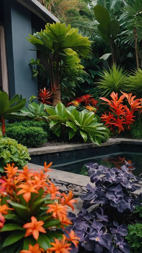 Small Tropical Garden Ideas, Tropical Backyard Landscaping, Small Tropical Gardens, Garden Ideas To Make, Tropical Garden Ideas, Garden Tropical, Tropical Backyard, Side Yards, Waterfall Features